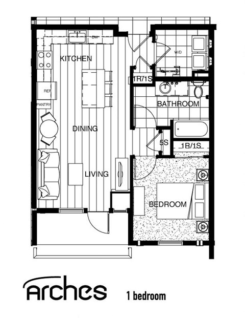 Floor plan for 1 bed, 1 bath, 630 sqft